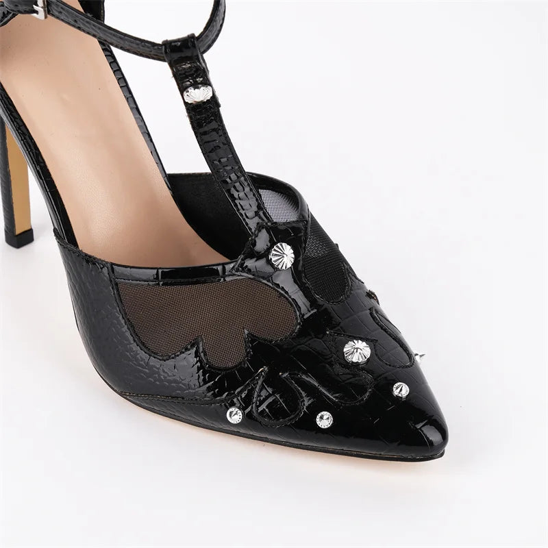 Patent Leather Pointed Toe T-Strap Pumps - Stiletto Heels