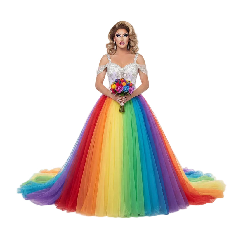 Rainbow Pride Ball Gown | Off-Shoulder A-Line Tulle Dress | US 2–16 & Plus 14W–26W | Custom