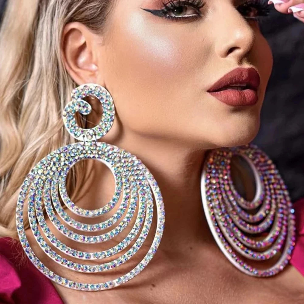 Oversized Crystal Hoop Earrings – Statement Drag Jewelry (50mm x 35mm)