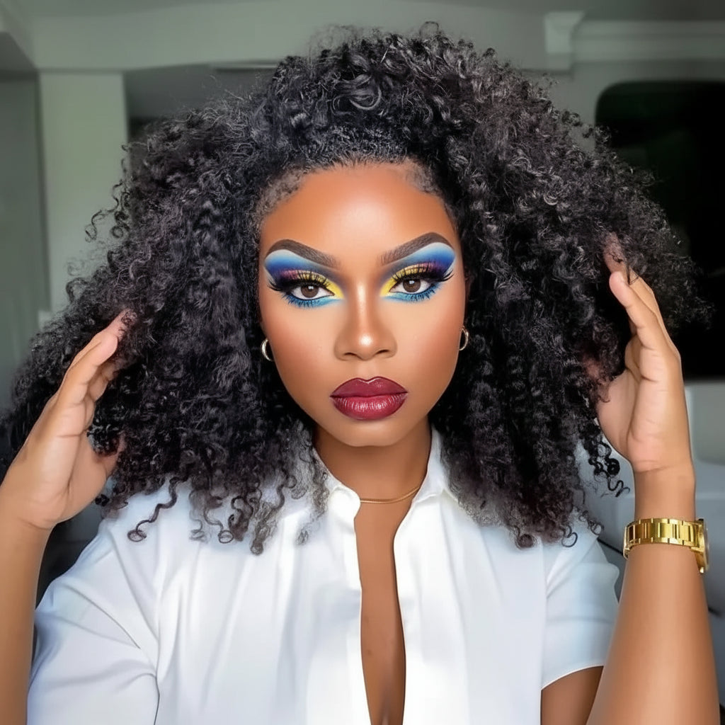"Big Curl Energy" Kinky Curly Human Hair Half Wig – Glueless, 3-in-1 Install