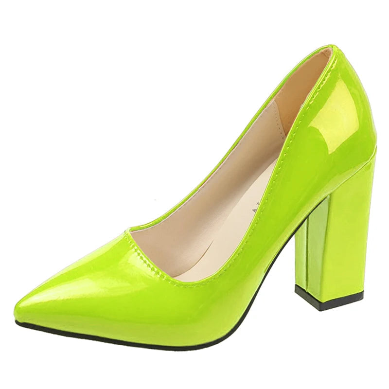 10cm Square Heel Pump – Patent Leather Pointed Toe | 12 Colors | US 9–19