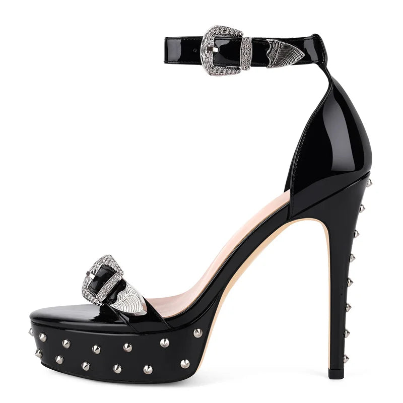 Platform Peep Toe Sandals - Rivet Ankle Strap Stiletto Heels
