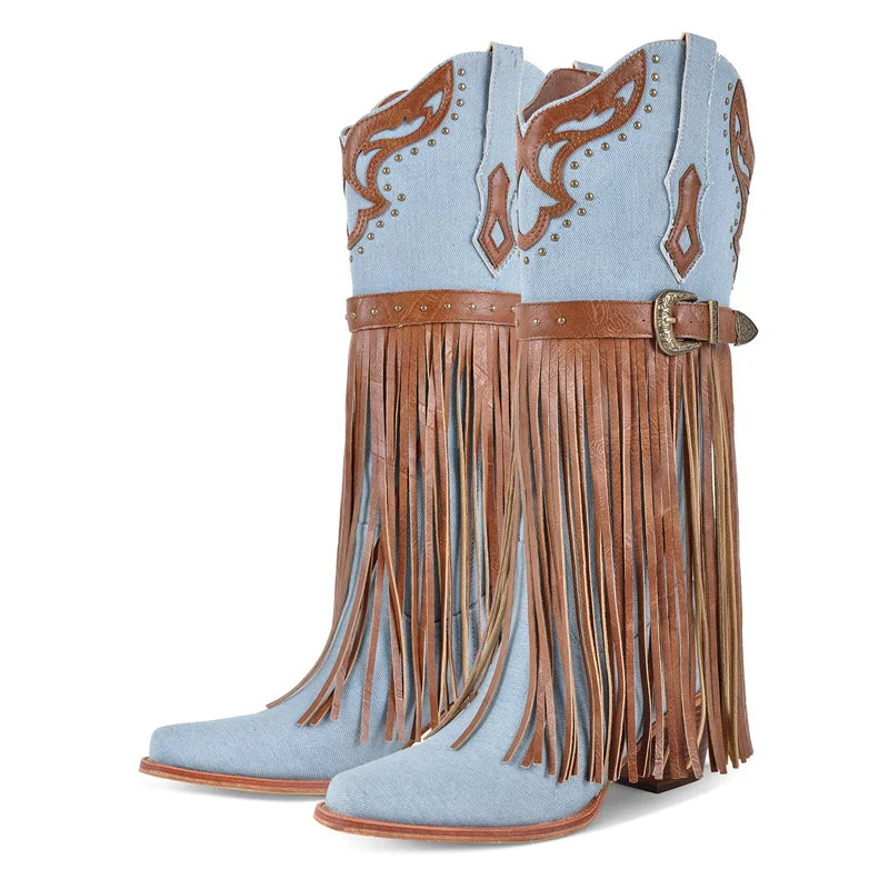 Whiplash Fringe Rodeo Boots – Denim Drag Cowgirl Fantasy