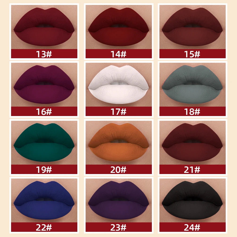 Velvet Matte Liquid Lipstick – 24 Shades, Waterproof Non-Stick Long-Lasting Lip Gloss
