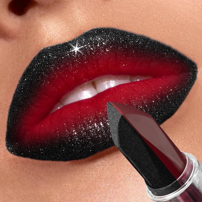 2-in-1 Waterproof Glitter Lipstick – Black & Burgundy Dual-Tone, All-Day Wear