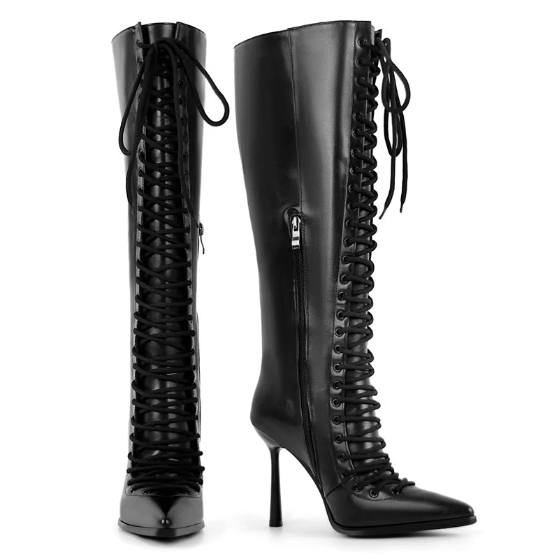 Square Toe Platform Knee-High Boots - Slip-On Stiletto Heels