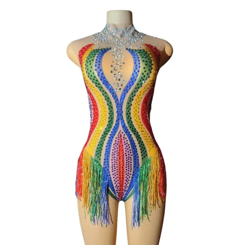 Rainbow Rhinestone Fringe Bodysuit – Drag Queen Stage Leotard