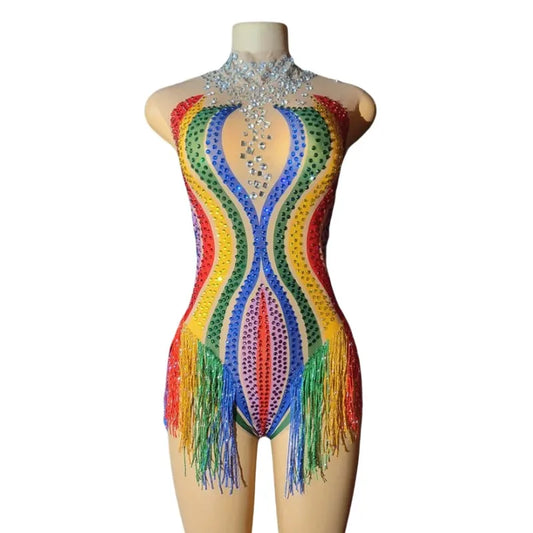 Rainbow Rhinestone Fringe Bodysuit – Drag Queen Stage Leotard