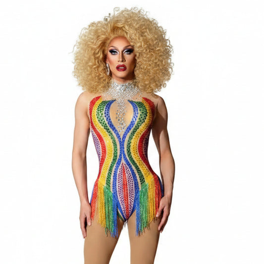 Rainbow Rhinestone Fringe Bodysuit – Crystal Drag Queen Stage Leotard