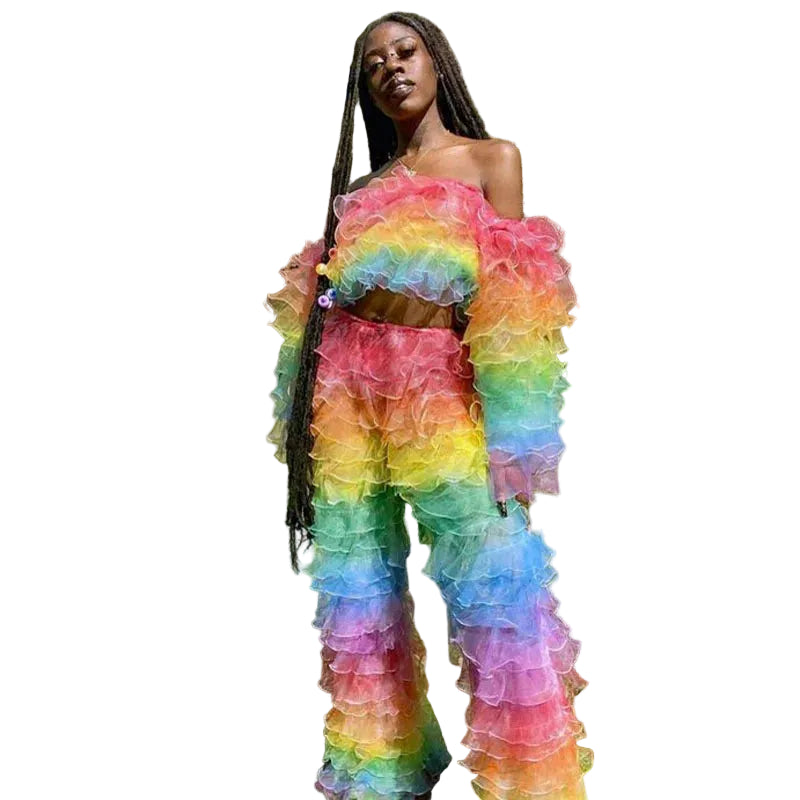 Rainbow Tiered Ruffle Two-Piece Set – Drag Queen Off-Shoulder Crop Top & Wide-Leg Pants