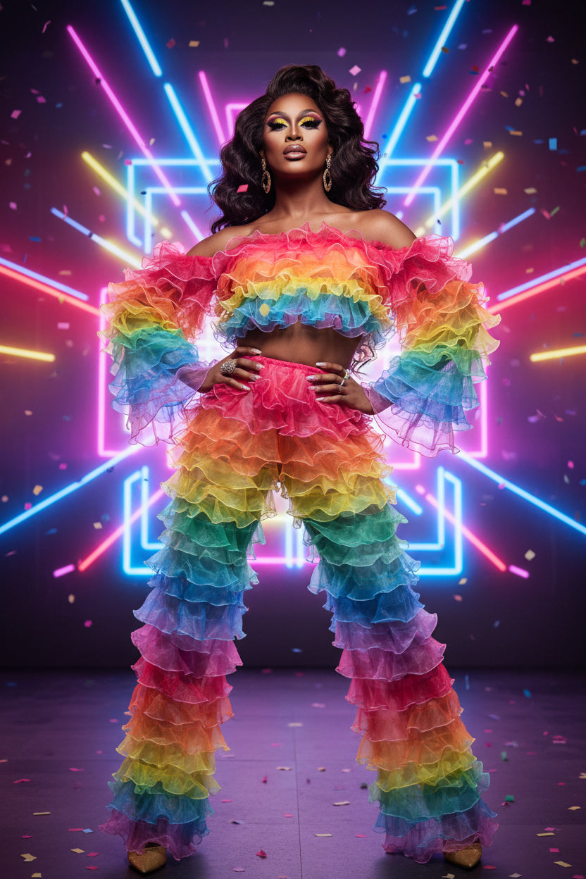Rainbow Tiered Ruffle Two-Piece Set – Drag Queen Off-Shoulder Crop Top & Wide-Leg Pants