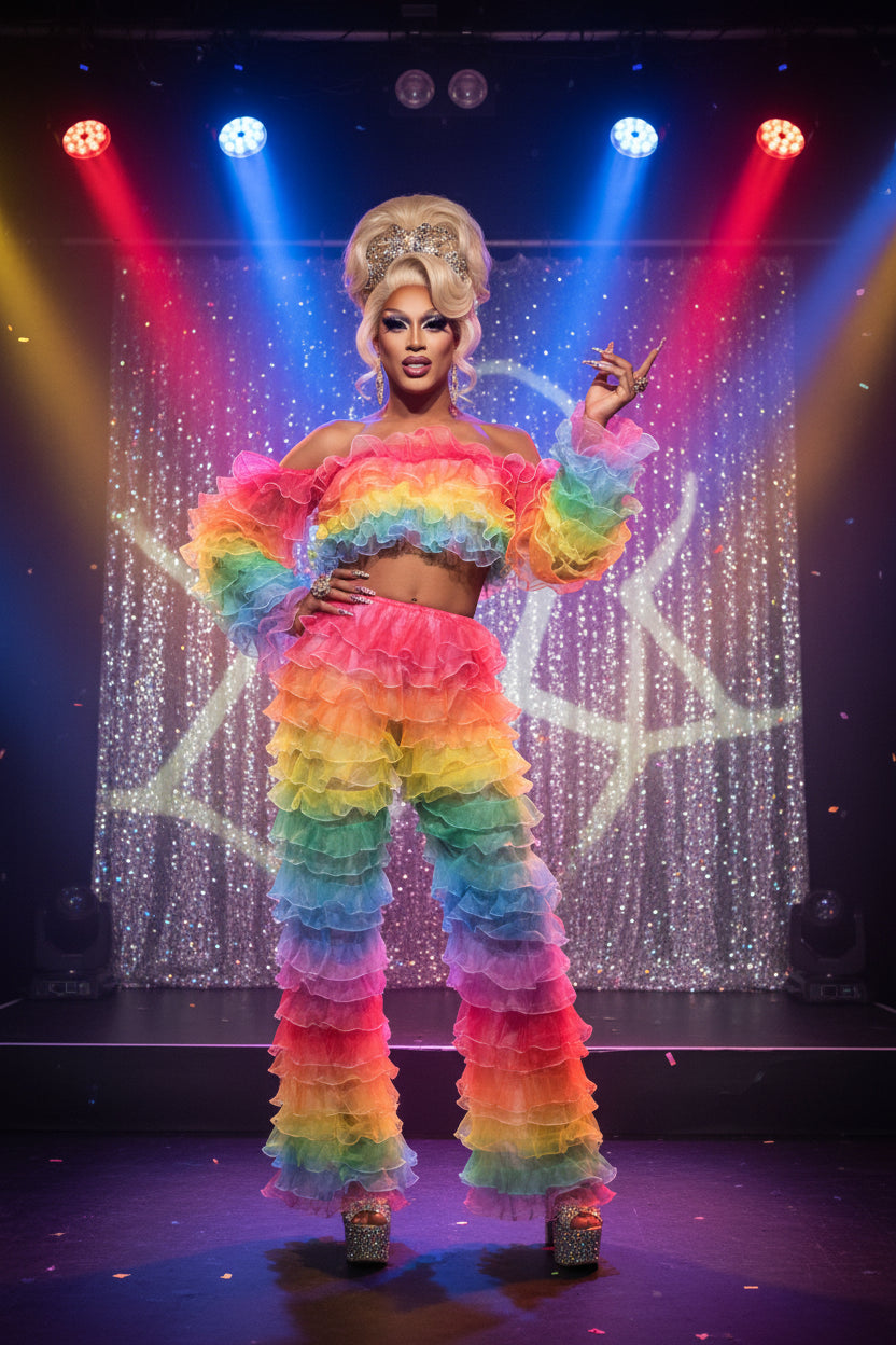Rainbow Tiered Ruffle Two-Piece Set – Drag Queen Off-Shoulder Crop Top & Wide-Leg Pants