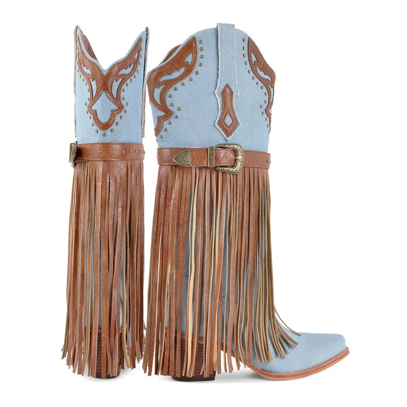 Whiplash Fringe Rodeo Boots – Denim Drag Cowgirl Fantasy