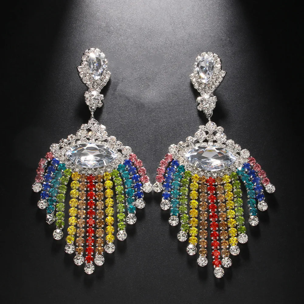 Rainbow Rhinestone Tassel Jewelry Set – Drag & Bridal Statement Accessories