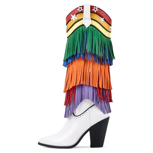 Rainbow Fringe Cowboy Boots - Knee-High Western Pull-On Boots