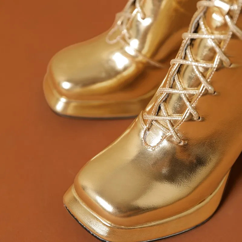 Glam Metallic Lace-Up Knee-High Boots – Bold Performance Statement