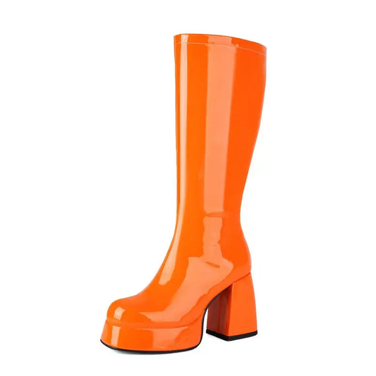 Retro Patent Go-Go Boots| Orange · Purple · Pink · Black · Green · White