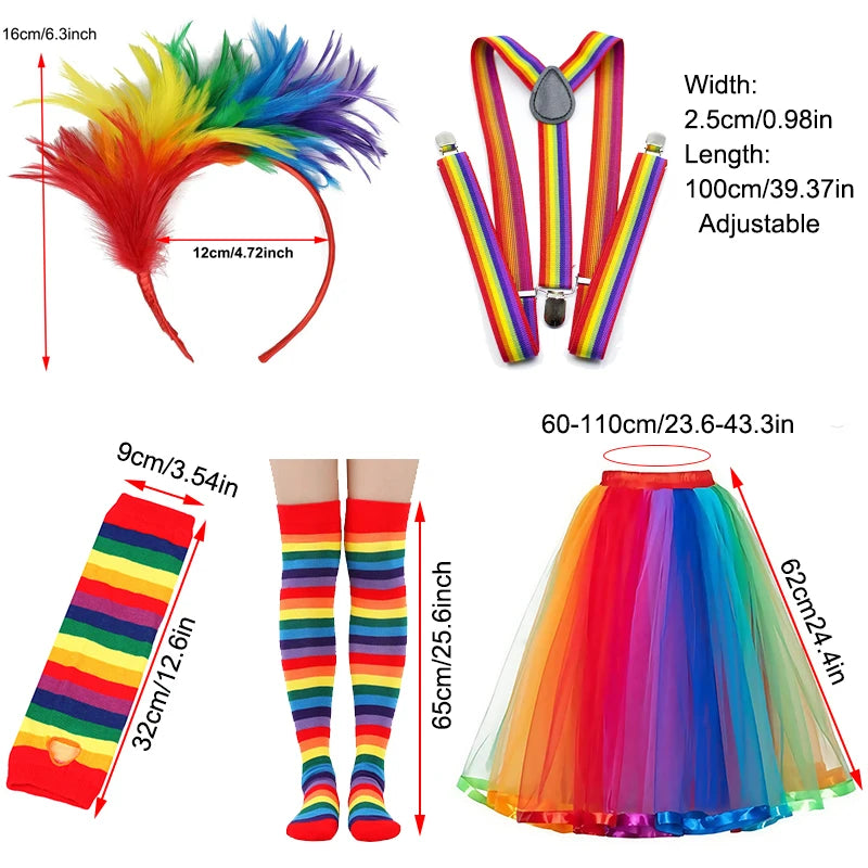 Rainbow Pride Festival Costume Set | Tutu Skirt, Headband, Suspenders, Arm Sleeves & Socks | 3pc or 5pc