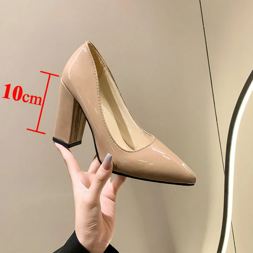 10cm Square Heel Pump – Patent Leather Pointed Toe | 12 Colors | US 9–19