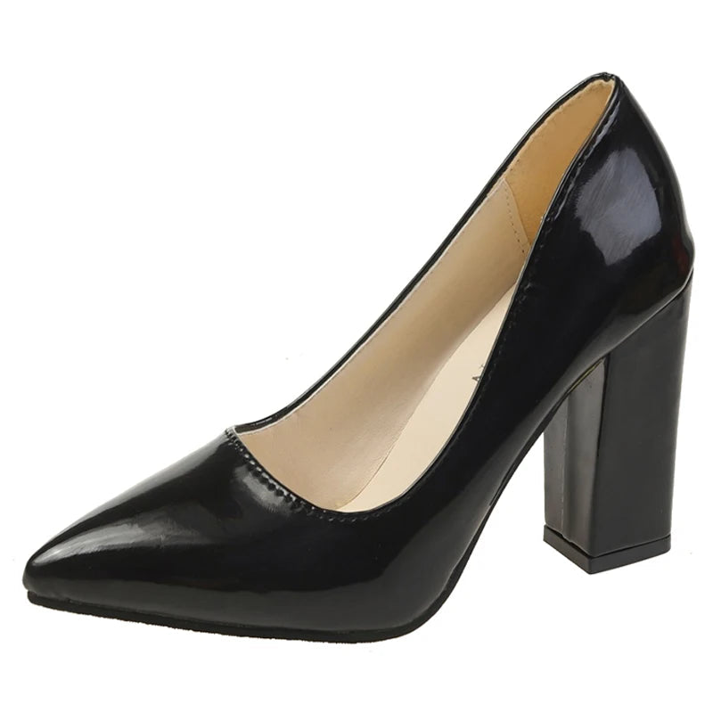 10cm Square Heel Pump – Patent Leather Pointed Toe | 12 Colors | US 9–19