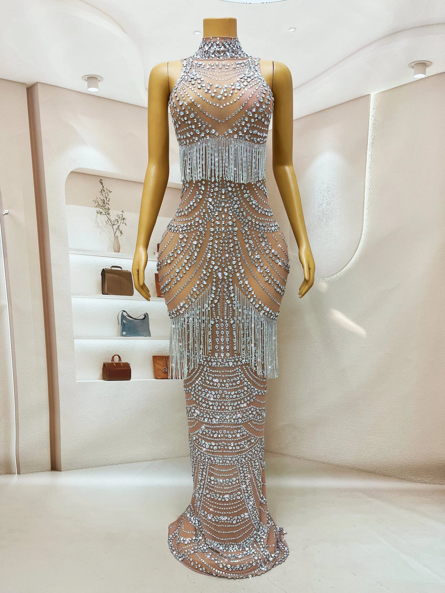 Glitz & Glamour Extravaganza: Bedazzled Crystal Fringe Stretch Dress