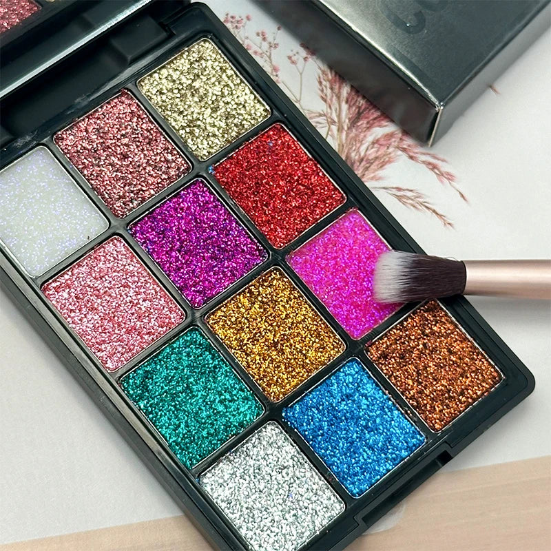 12-Color Glitter Eyeshadow Palette | Diamond Metal & Matte Shades