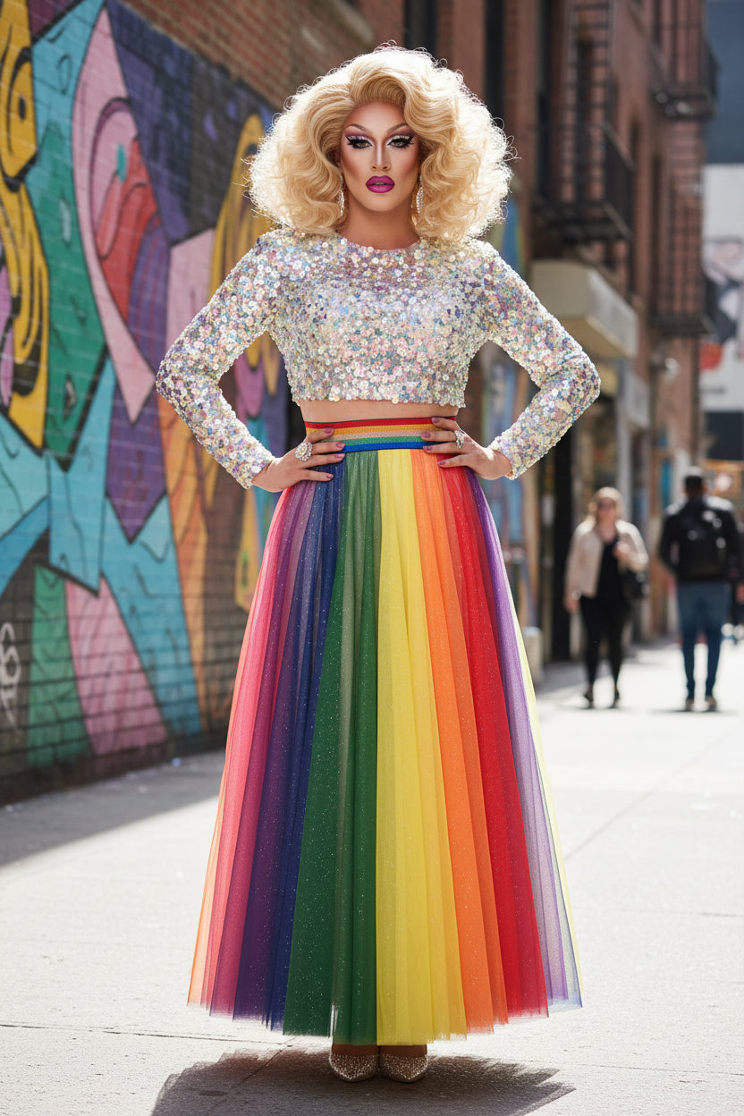 Rainbow Mesh Maxi Skirt – Drag & Pride Performance Skirt