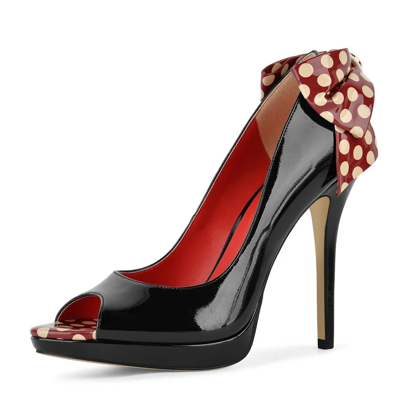 Heart-Print Bow Peep-Toe Stiletto Heels
