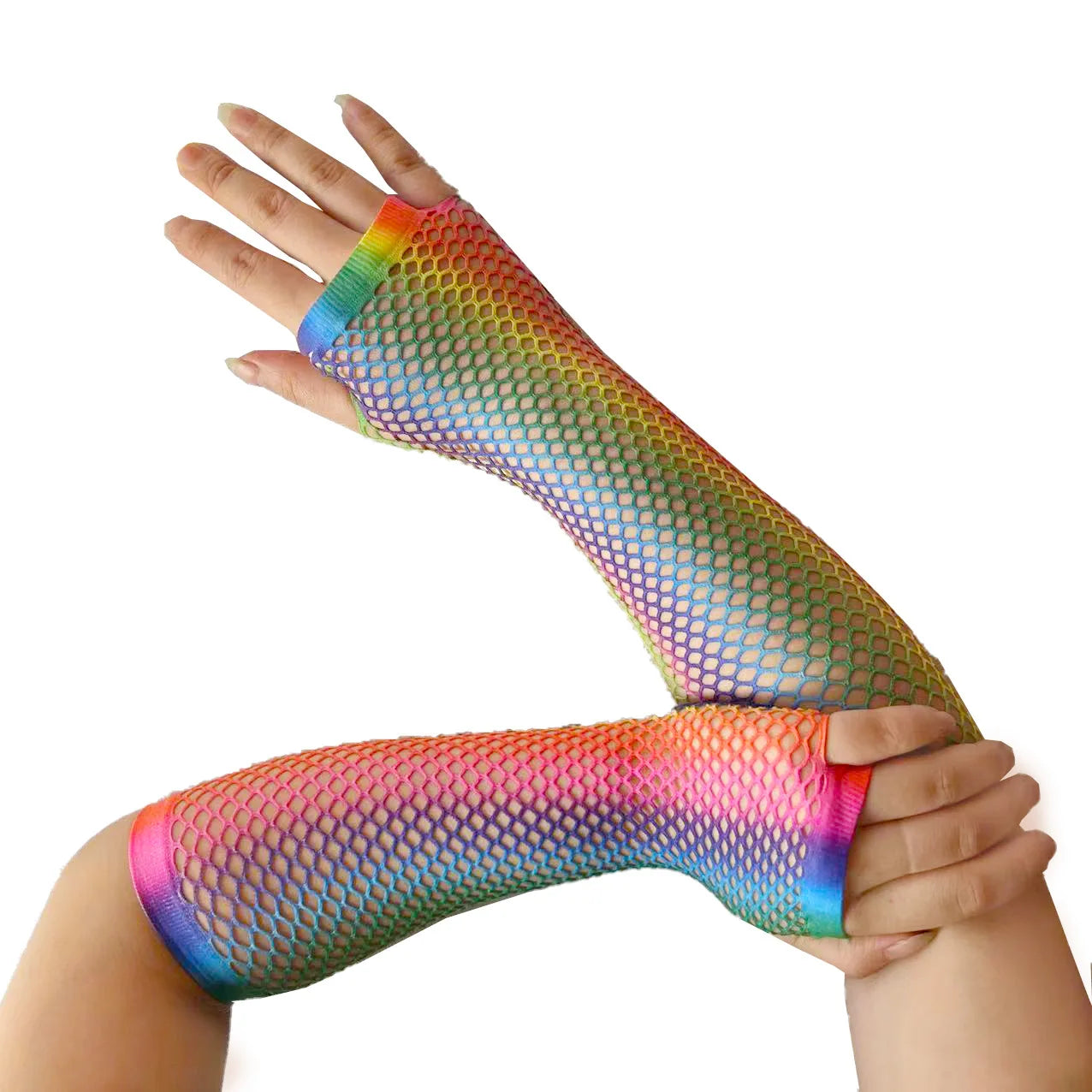 Rainbow Fishnet Elbow Gloves | Half-Finger Net Gloves | Pride, Drag & Festival Accessory