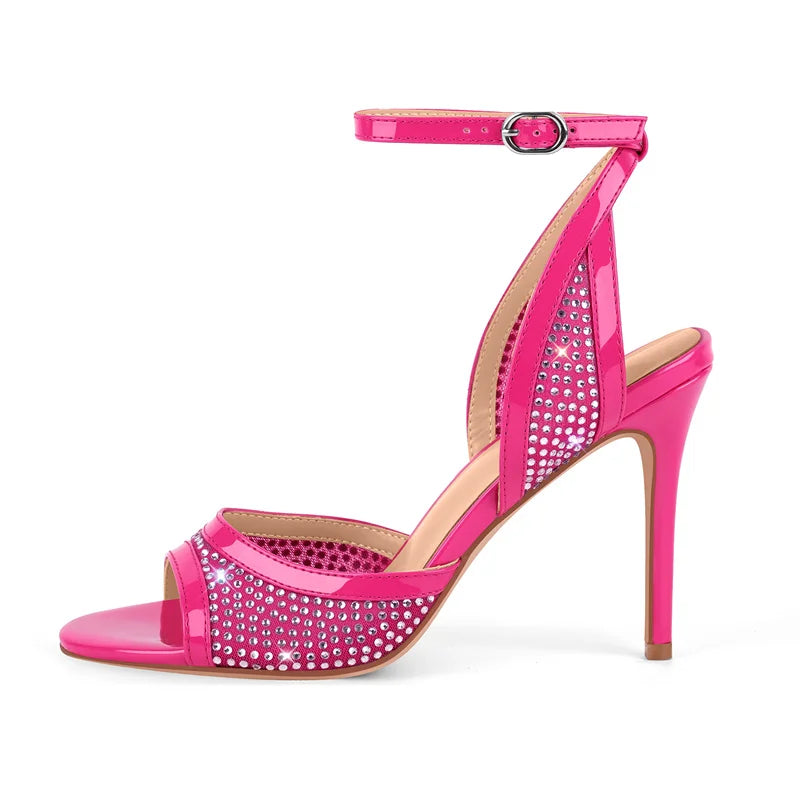 Rhinestone Crystal Ankle Strap Stiletto Sandals - Slingback Heels