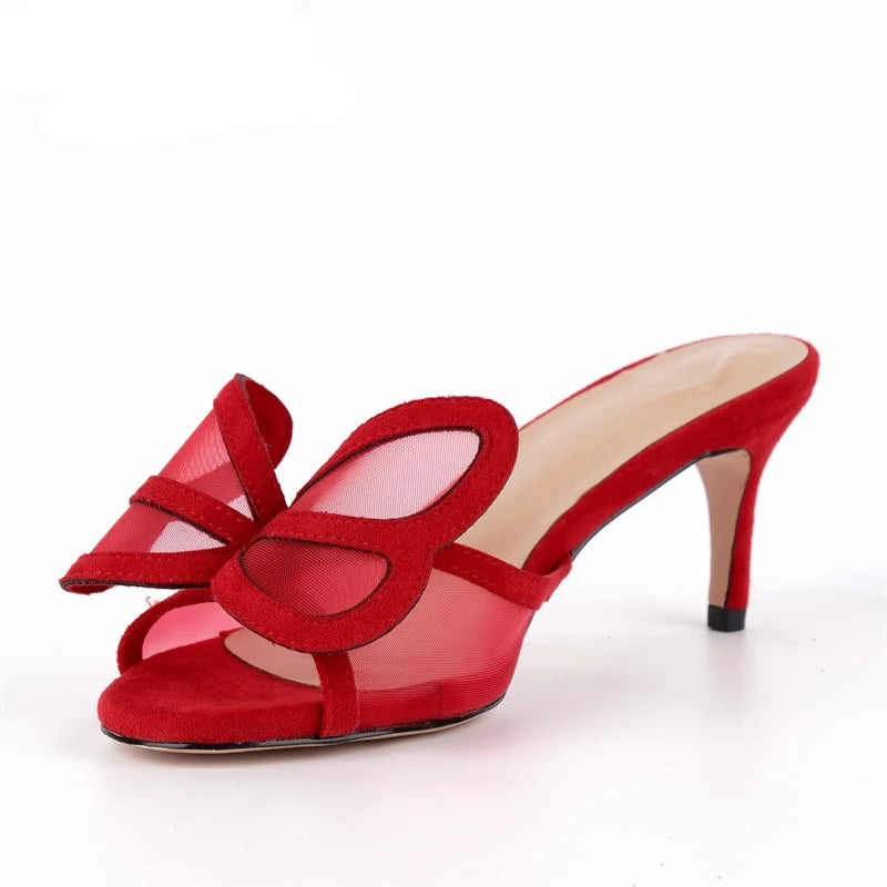 Faux Suede Peep Toe Mules - Kitten Heel Slip-On Sandals