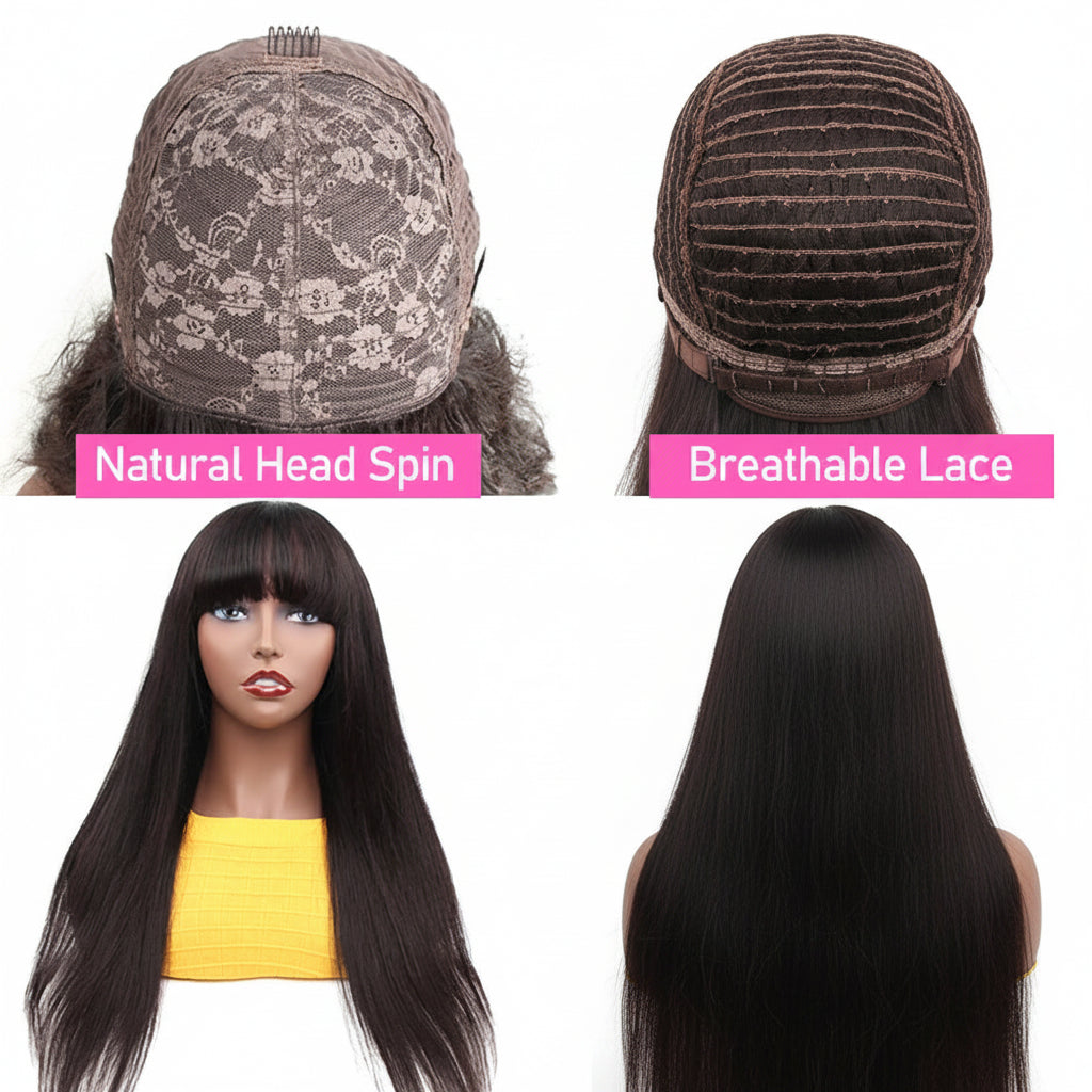 "Bangs & Served" Straight Human Hair Wig with Bangs – Machine Made, No Glue, No Lace
