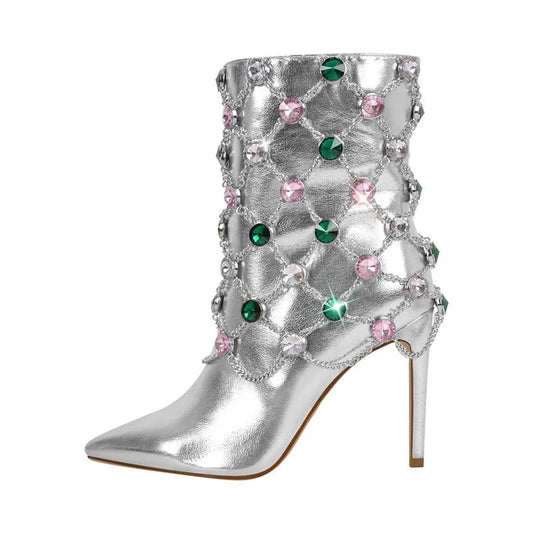 Strut and Slay: Lux Silver Crystals Ankle Boots for Queens Who Reign Supreme!