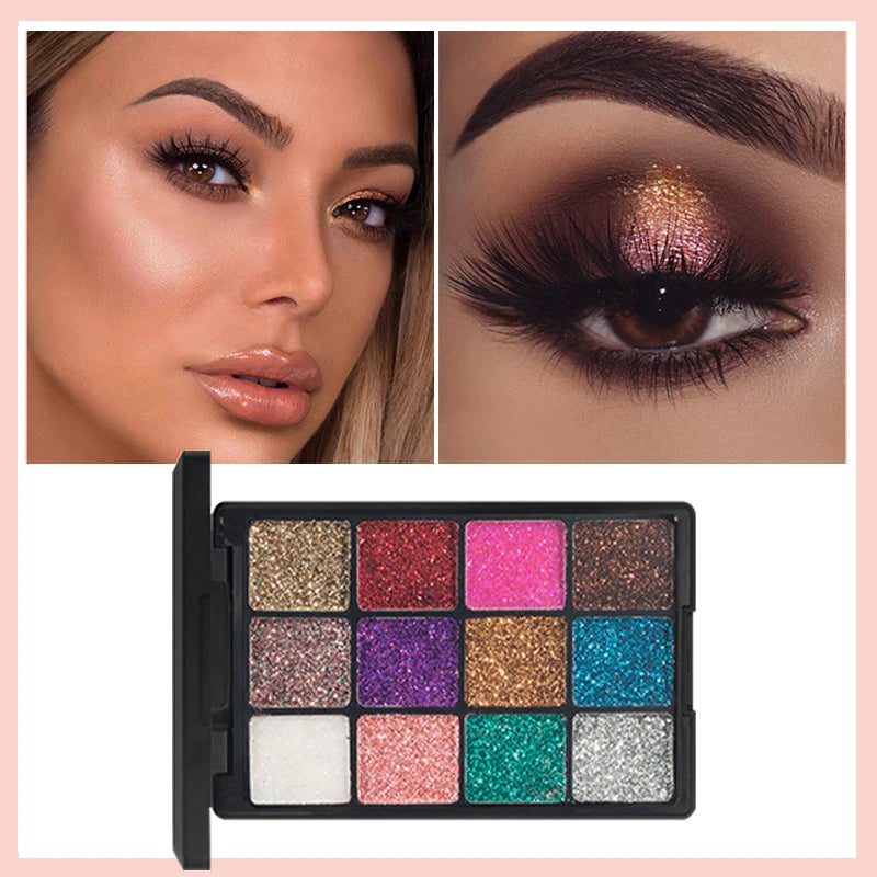 12-Color Glitter Eyeshadow Palette | Diamond Metal & Matte Shades