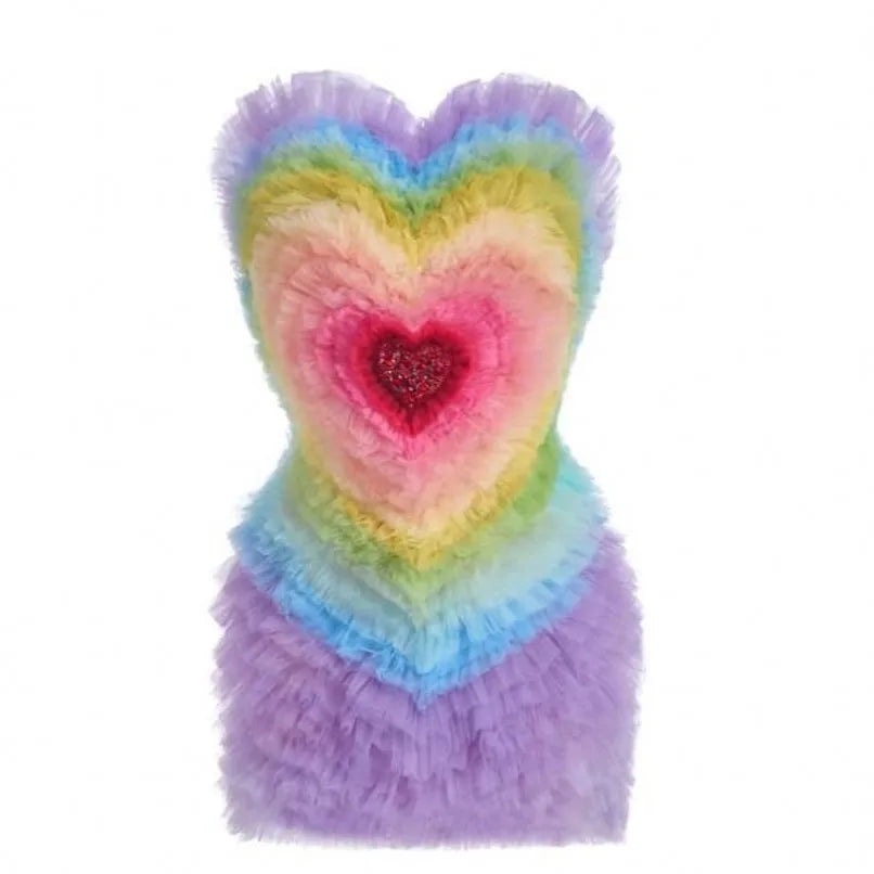 Rainbow Heart Tulle Mini Dress – Sweetheart Neckline Drag Queen Dress