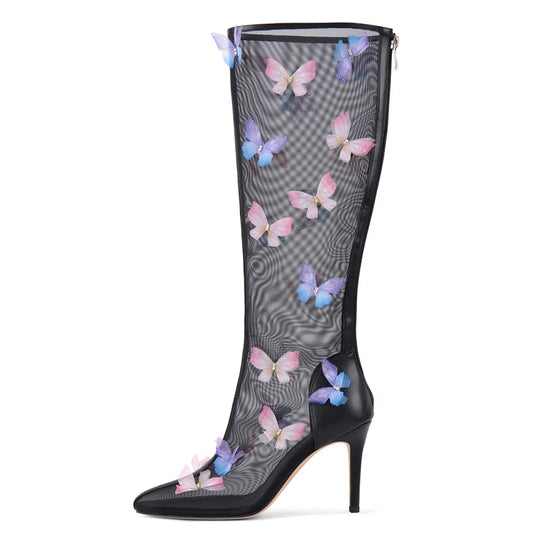 Butterfly Mesh Knee-High Boots – Breathable Stiletto Boots for Drag Queens