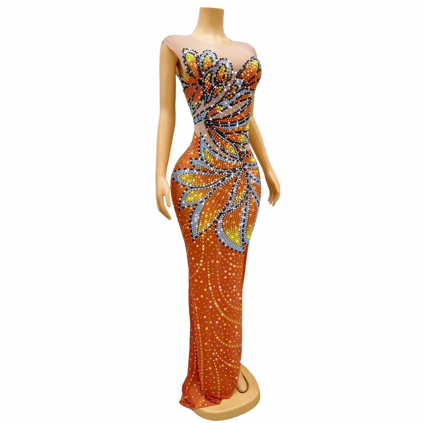 Glittering Citrus Dream: Tangerine Temptation Rhinestone Dress