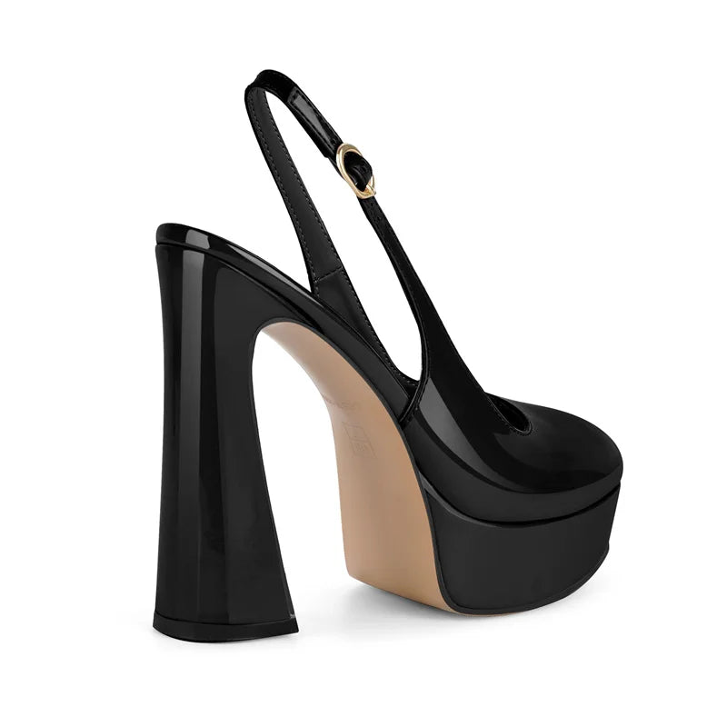 Patent Leather Slingback Pumps - Round Toe Hoof Heel Pumps