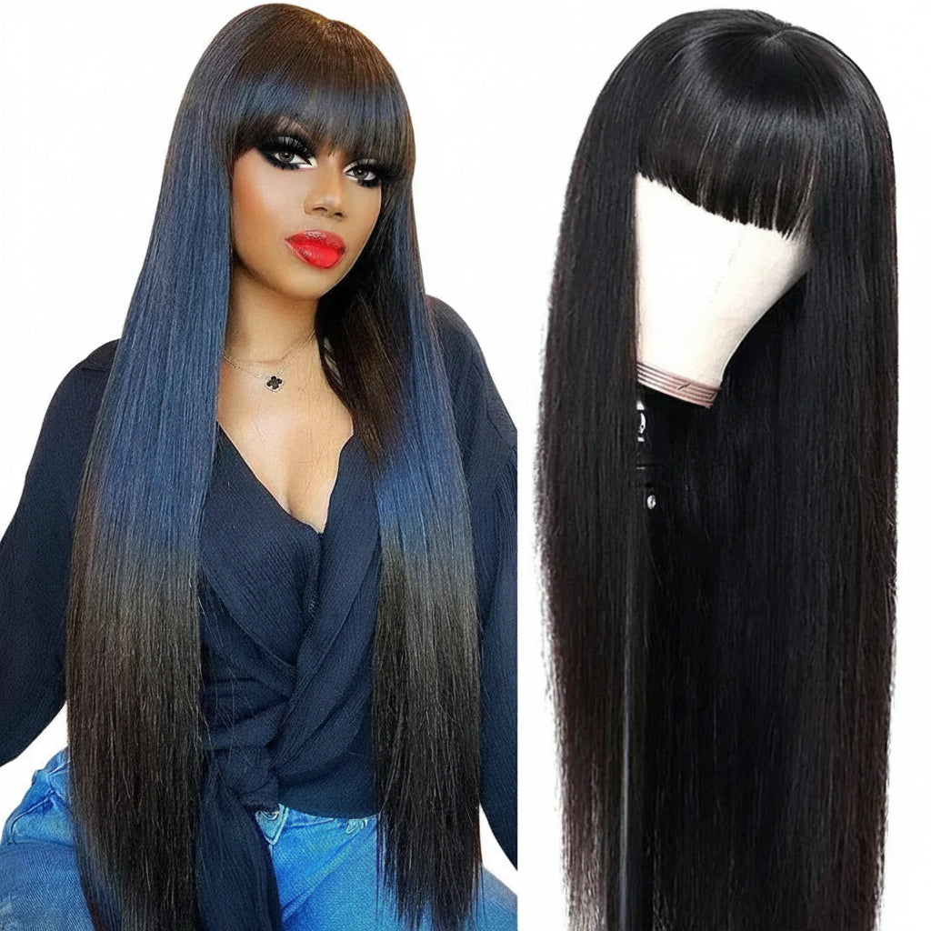 "Bangs & Served" Straight Human Hair Wig with Bangs – Machine Made, No Glue, No Lace