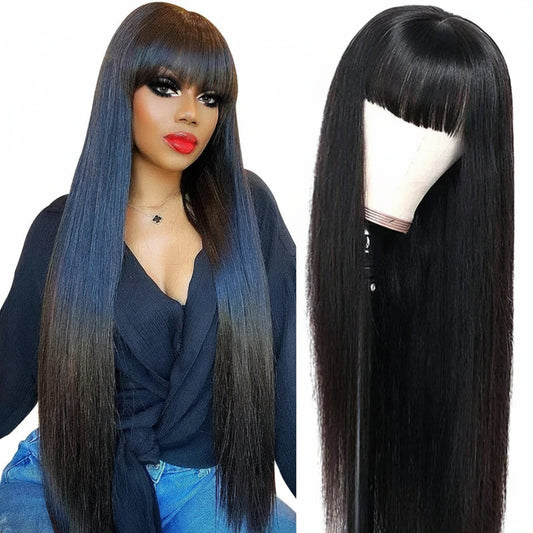 "Bangs & Served" Straight Human Hair Wig with Bangs – Machine Made, No Glue, No Lace