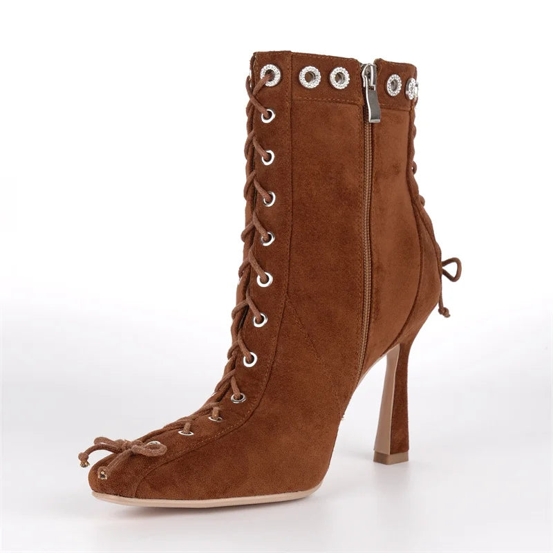 Square Toe Ankle Boots - Butterfly Bow Side Zipper Boots