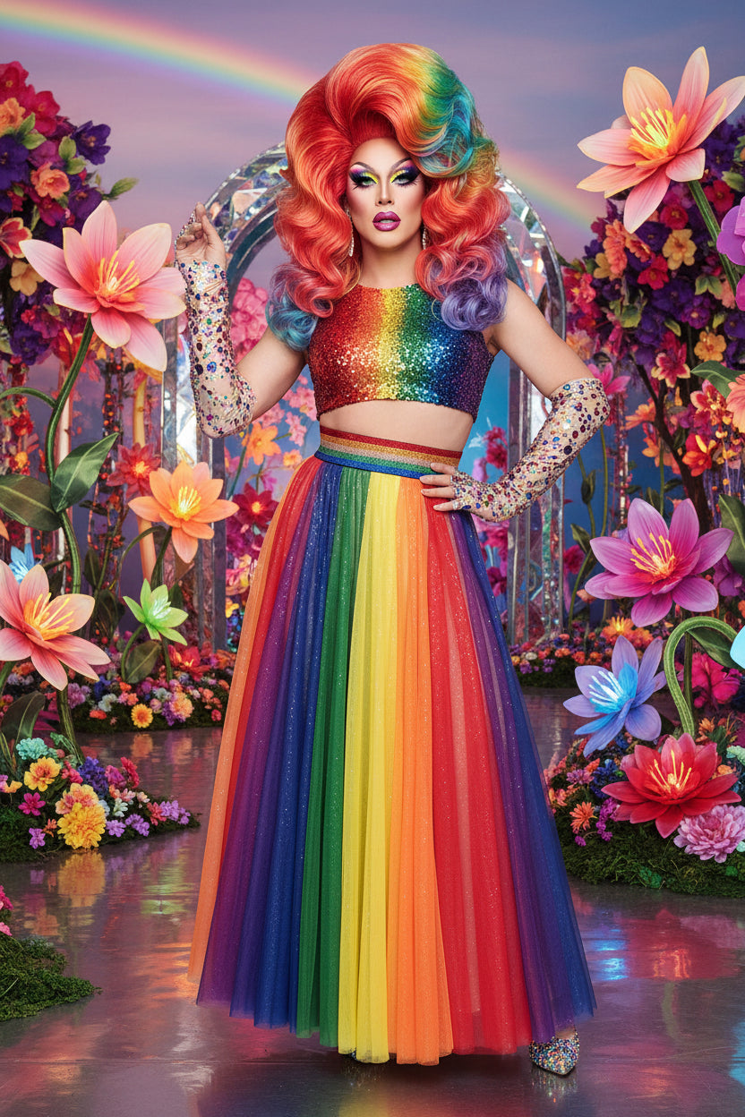 Rainbow Mesh Maxi Skirt – Drag & Pride Performance Skirt