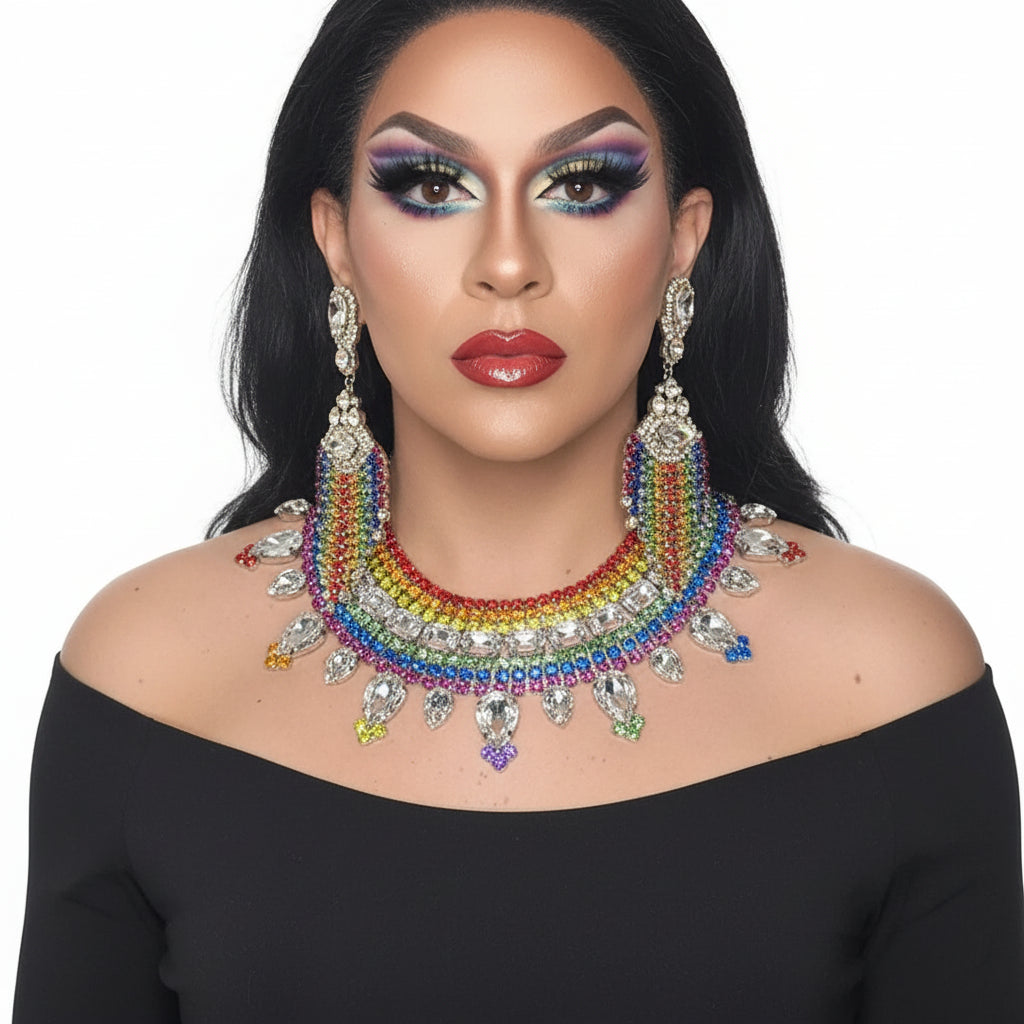 Rainbow Rhinestone Tassel Jewelry Set – Drag & Bridal Statement Accessories