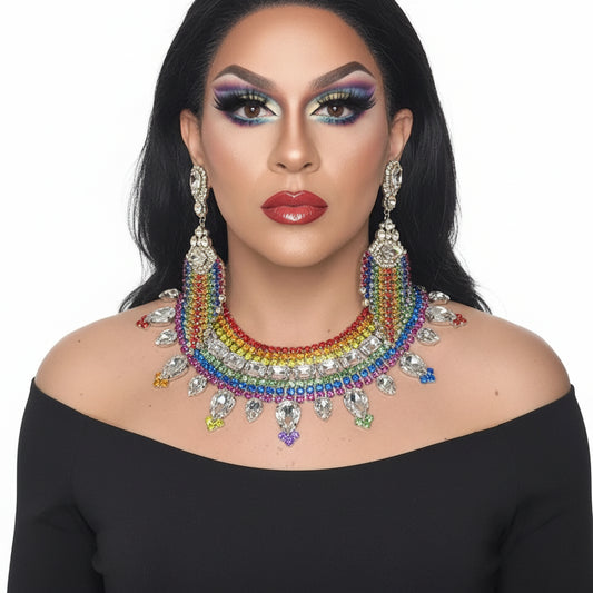 Rainbow Rhinestone Tassel Jewelry Set – Drag & Bridal Statement Accessories