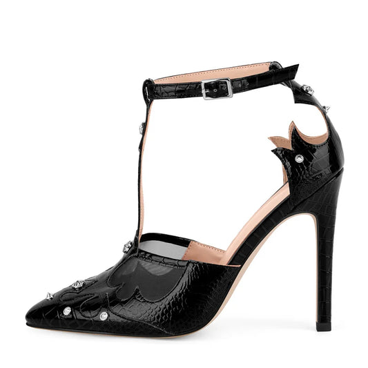 Patent Leather Pointed Toe T-Strap Pumps - Stiletto Heels