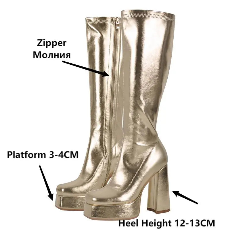 Glamazon Steppin' Up - Metallic Platform Square Toe Knee High Boots