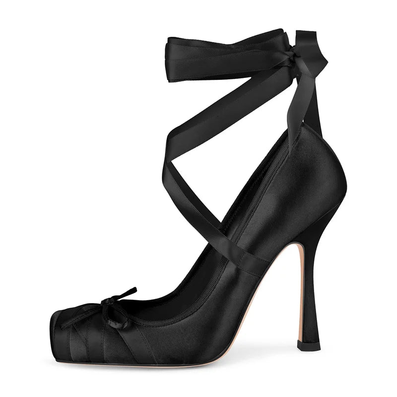 Satin Square Toe Pumps - Lace-Up Ankle Strap Stiletto Heels