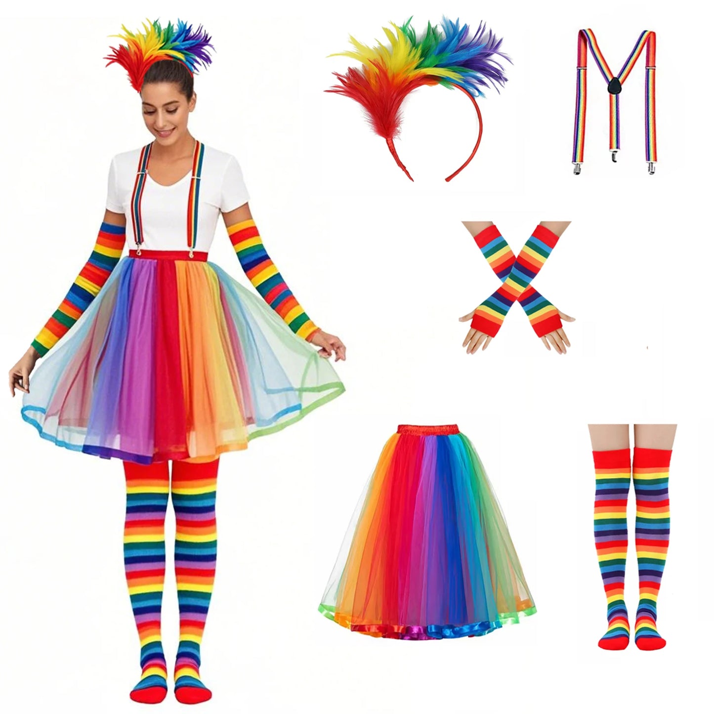 Rainbow Pride Festival Costume Set | Tutu Skirt, Headband, Suspenders, Arm Sleeves & Socks | 3pc or 5pc