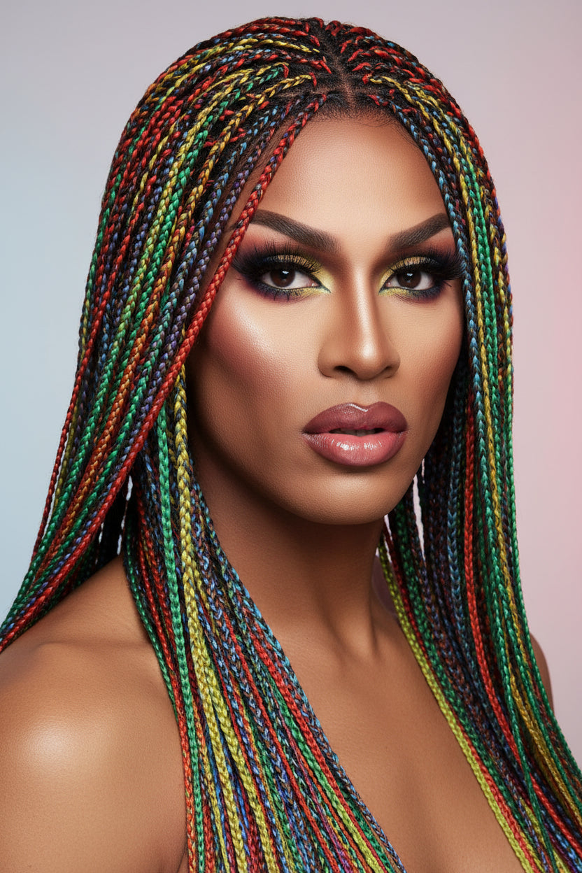 Rainbow Box Braid Lace Front Wig | 26" Cornrow Crochet Braids | 13x3 Swiss Lace | Pride & Drag