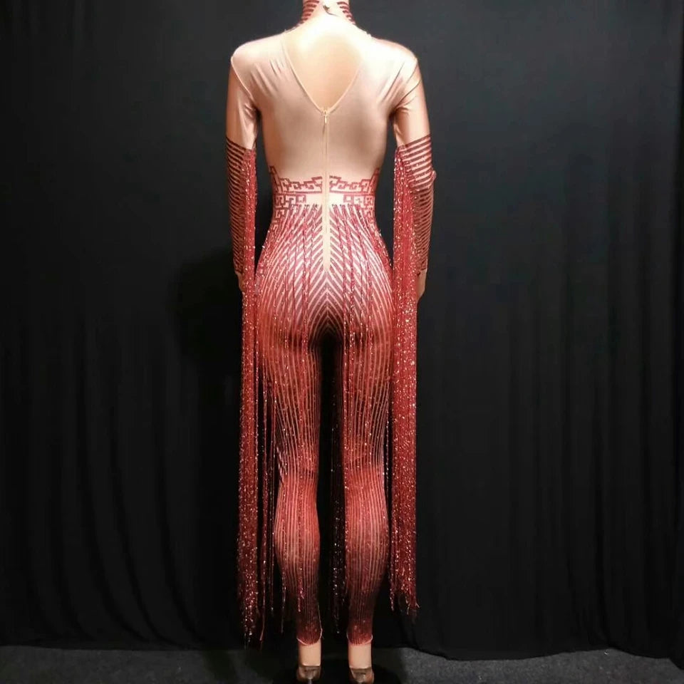 Shining Rhinestone Red Fringe Jumpsuit – Long Sleeve Drag Queen Stage Slay